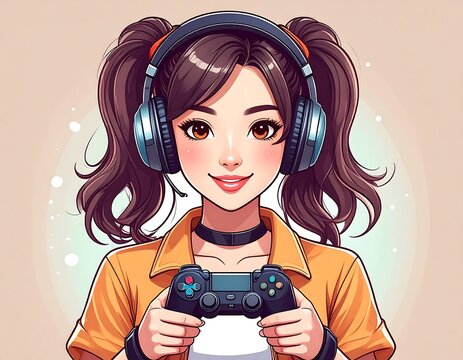 Animated girl with pigtails and headphones holding a game controller