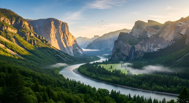 Majestic yosemite valley bathed in golden hour sunlight with a winding river and towering granite cliffs under a clear sky
