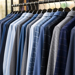 A diverse collection of men's formal dress shirts and casual button-downs hanging neatly on a rack, showcasing various colors and patterns for a professional wardrobe