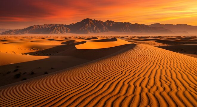 Golden desert sand dunes with rippled textures under a dramatic fiery sunset sky and distant mountains