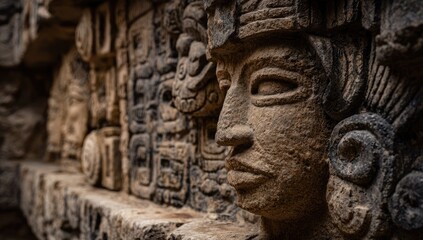 Ancient Mayan Carvings Detailing Complex Religious Figures.