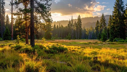 Golden Hour Sunlight Illuminates a Wild Meadow With Tall Pine Trees and Distant Forested Hills Under a Dramatic Sky