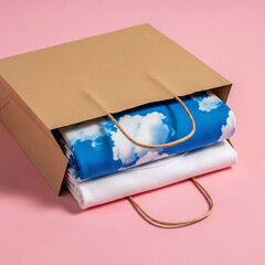 Eco-friendly retail therapy with a kraft paper shopping bag carrying beautiful new textiles, including a dreamy blue sky and cloud pattern fabric