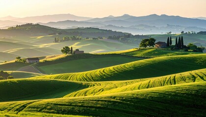 Golden Hour Sunlight Illuminates Rolling Tuscan Hills With Cypress Trees And Farmhouses Under A Hazy Sky Landscape