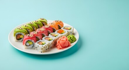 Assortment of Fresh Sushi Rolls with Avocado, Salmon, Tuna, and Roe on White Plate
