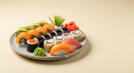 Assortment of Fresh Sushi Rolls and Nigiri on a Rustic Plate