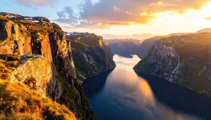 Dramatic golden hour sunset illuminates a winding fjord and steep cliffs with patches of snow and green moss creating a breathtaking natural landscape panorama
