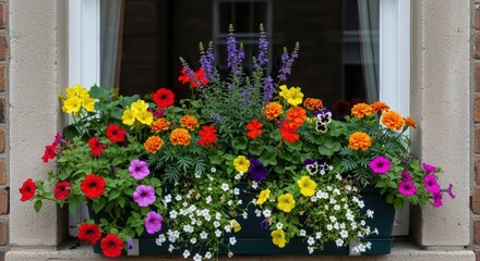 Fototapeta premium Vibrant window box garden with colorful flowers in urban setting