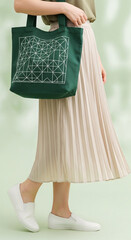 A stylish woman walks with a unique geometric design tote bag, showcasing modern fashion and practical accessory in a vibrant green hue, perfect for urban daily wear