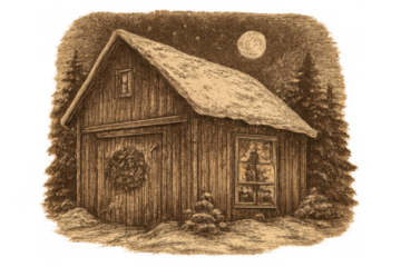 Winter night scene with a rustic wooden log cabin, snowy roof, moonlit sky, and a christmas wreath on door
