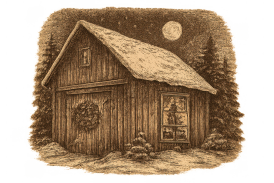 Winter night scene with a rustic wooden log cabin, snowy roof, moonlit sky, and a christmas wreath on door