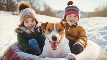 Smiling children with dog ride down on inflatable tubing sleds on sunny day. Inflatable sleds for active winter family recreation. Winter resort. Winter holidays. Happy kids on tube sliding down hill - Powered by Adobe