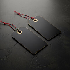 Two blank black price tags with golden eyelets and red strings on a dark textured surface, showcasing a minimalist retail concept