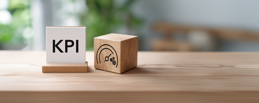 Measurement and Business Performance Management Concept. Wooden blocks with KPI text and a performance gauge icon. Key performance indicators, goal tracking and business efficiency measurement.