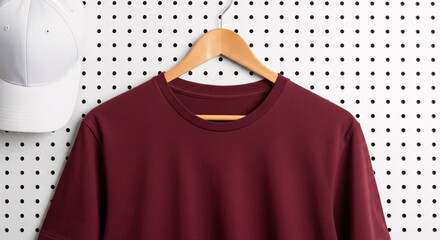 A casual maroon crew neck t-shirt hanging on a wooden hanger against a white pegboard, a versatile apparel concept with a blank white cap