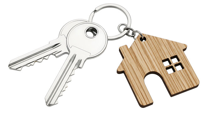 Two silver keys with a wooden house keychain isolated on transparent background