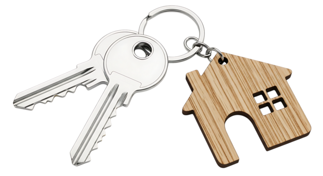 Two silver keys with a wooden house keychain isolated on transparent background