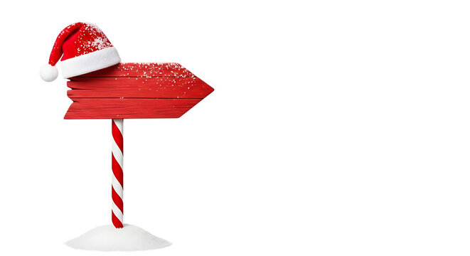 Red wooden christmas signpost with santa hat isolated on transparent background