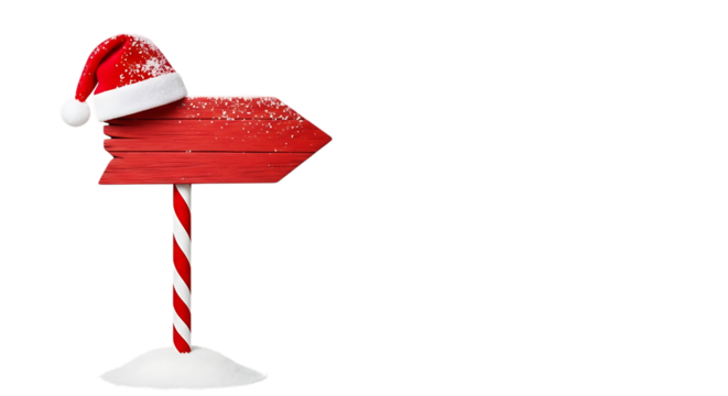 Red wooden christmas signpost with santa hat isolated on transparent background