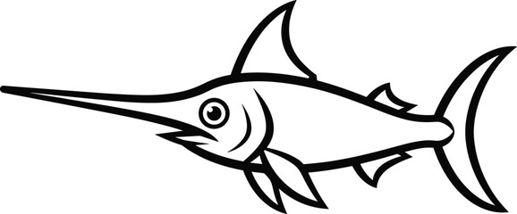 Black and white swordfish outline drawing with long bill, fins, and tail in simple marine animal line art style.