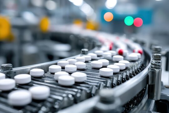 A manufacturing line conveys white tablets in the pharmaceutical industry, focusing on medicine production with automated efficiency, quality control, and precision