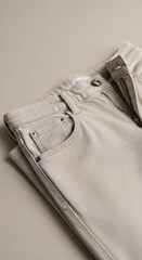 Close-up studio shot of light beige trousers, highlighting the fabric texture and details of pockets and seams