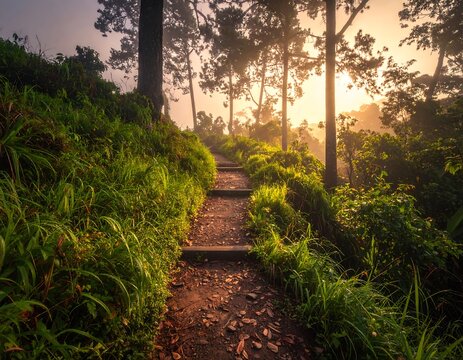 Sunlit path through misty forest