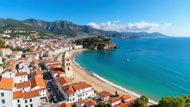 Breathtaking aerial views of Sitges, Catalonia Spain, showcasing the stunning coastal town in a mesmerizing 4K video footage experience