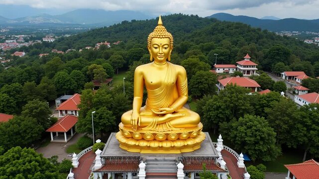 Breathtaking aerial view of the Golden Buddha statue at Thien vien Van Hanh in Dalat, Vietnam. Explore spiritual beauty in stunning 4k footage.