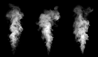 Three realistic white smoke plumes rising on a black background, ideal for cinematic effects, fantasy design, and atmospheric visual overlays. Perfect for digital artwork, video production, or motion © ภัทรชัย รัตนชัยวงค์