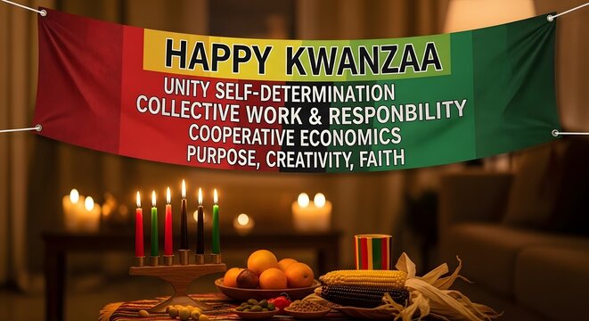 Happy kwanzaa banner with seven principles and lit candles, celebrating african american culture and heritage