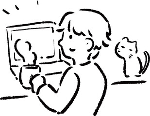 デスクでコーヒーを飲んで休憩をする人のイラスト