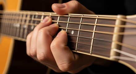 Intimate Close-Up of a Guitarist's Hand Fretting a Chord on a Wooden Fretboard