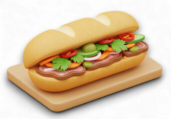 Delicious 3D Rendered Sub Sandwich on Wooden Board