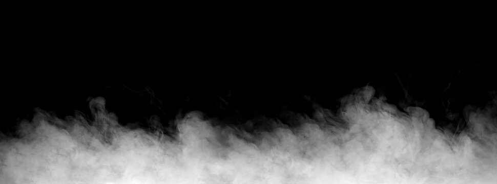 Realistic white fog and smoke rising against a black background, creating a mysterious, cinematic atmosphere. Perfect for overlay effects, horror scenes, or digital design compositions.