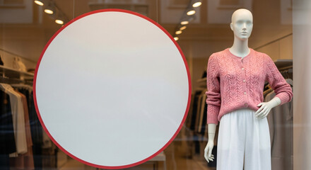 Blank Circular Sign in Modern Retail Store Window with Mannequin, Perfect for Advertising, Sales, or Promotional Messages