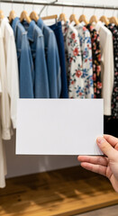 Hand holding a blank white sign in front of a clothing rack in a boutique or store