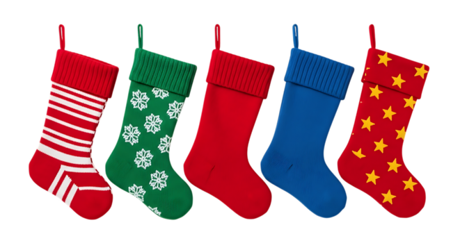 Five christmas stockings in red green blue and patterned designs isolated on transparent background