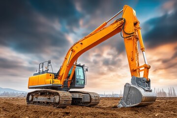 A yellow excavator stands prominently on a construction site, ready for excavation work against a dramatic sky, a symbol of heavy machinery and industry