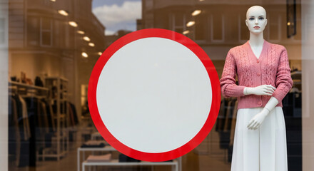 Blank white circular sign with red border on a storefront display with a female mannequin