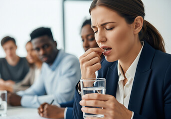 Businesswoman Managing Pain During a Meeting, Reflecting Strength, Emotional Strain, and Professional Resilience Under Pressure.