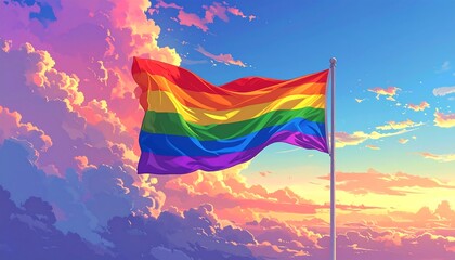 Animated image of pride flag waving in front of a sunset sky