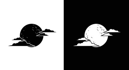 A minimalist graphic illustration of a full moon behind stylized clouds, presented in a dual black and white, positive and negative design.
