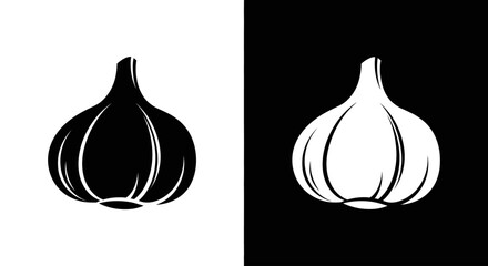 A simple, stylized graphic icon of a whole garlic bulb, shown in both black on white and white on black.