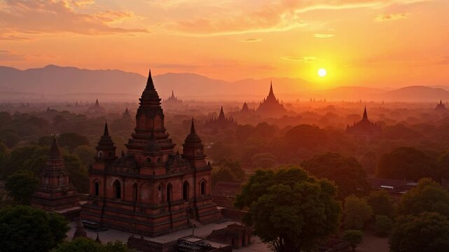 Stunning aerial views of Bagan's ancient temples and pagodas in Burma Myanmar at sunset, a magical travel destination, golden light, peaceful atmosphere