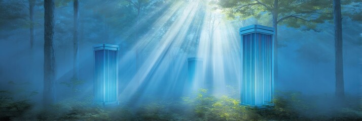 Mysterious Blue Pillars Emitting Light in a Foggy Forest During Daylight Hours