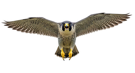 Obraz premium Peregrine falcon in flight with wings spread isolated on transparent background