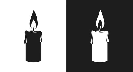 Two monochrome icons of a burning candle with a flame and dripping wax, presented in positive and negative space.