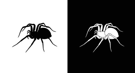 A graphic illustration of a spider in two contrasting versions: a black silhouette on white and a white outline on black.