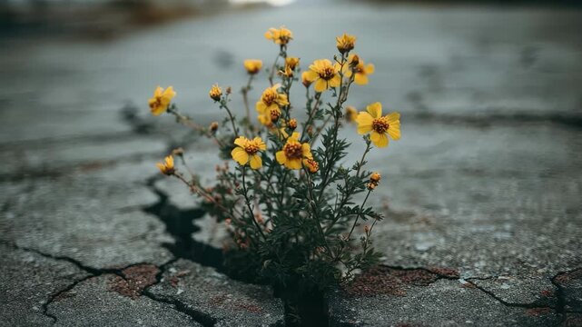 Yellow flowers grow resiliently through cracked concrete in an urban environment reflecting nature's persistence and beauty